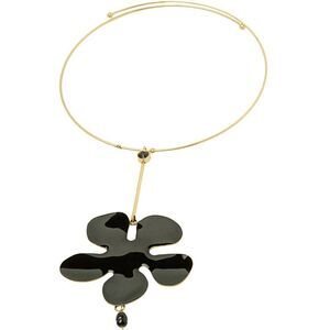 PILGRIM Goldtone Glossy Black Enamel Flower Pendant Choker